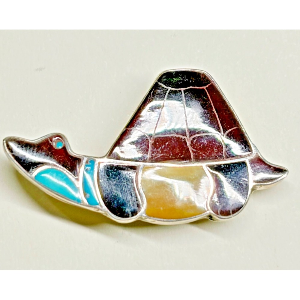 Zuni  Inlay Turtle Pendant Pin Brooch Sterling Silver Ray Nieto RN Mosaic - Picture 7 of 13